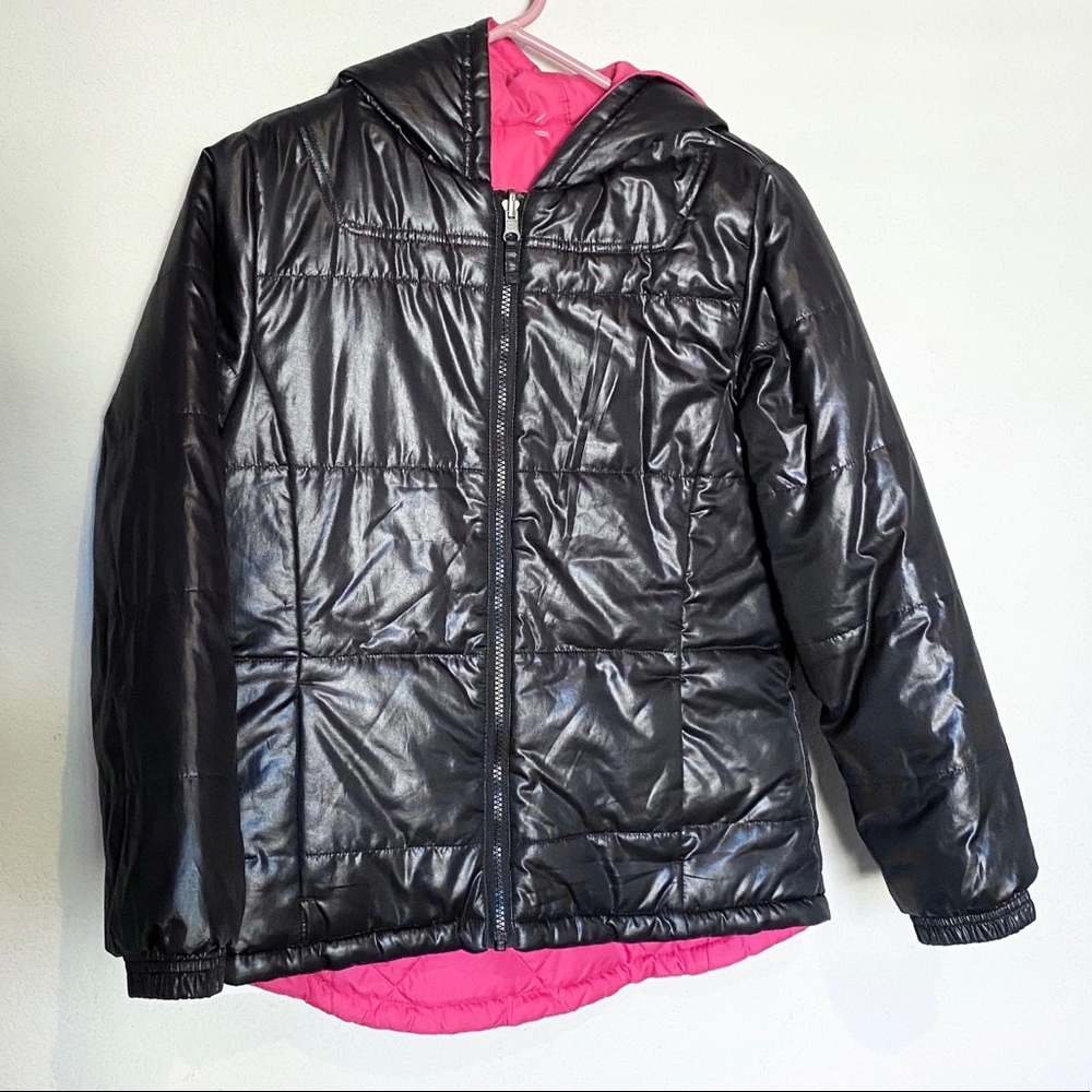 Reversible hot pink/black parka